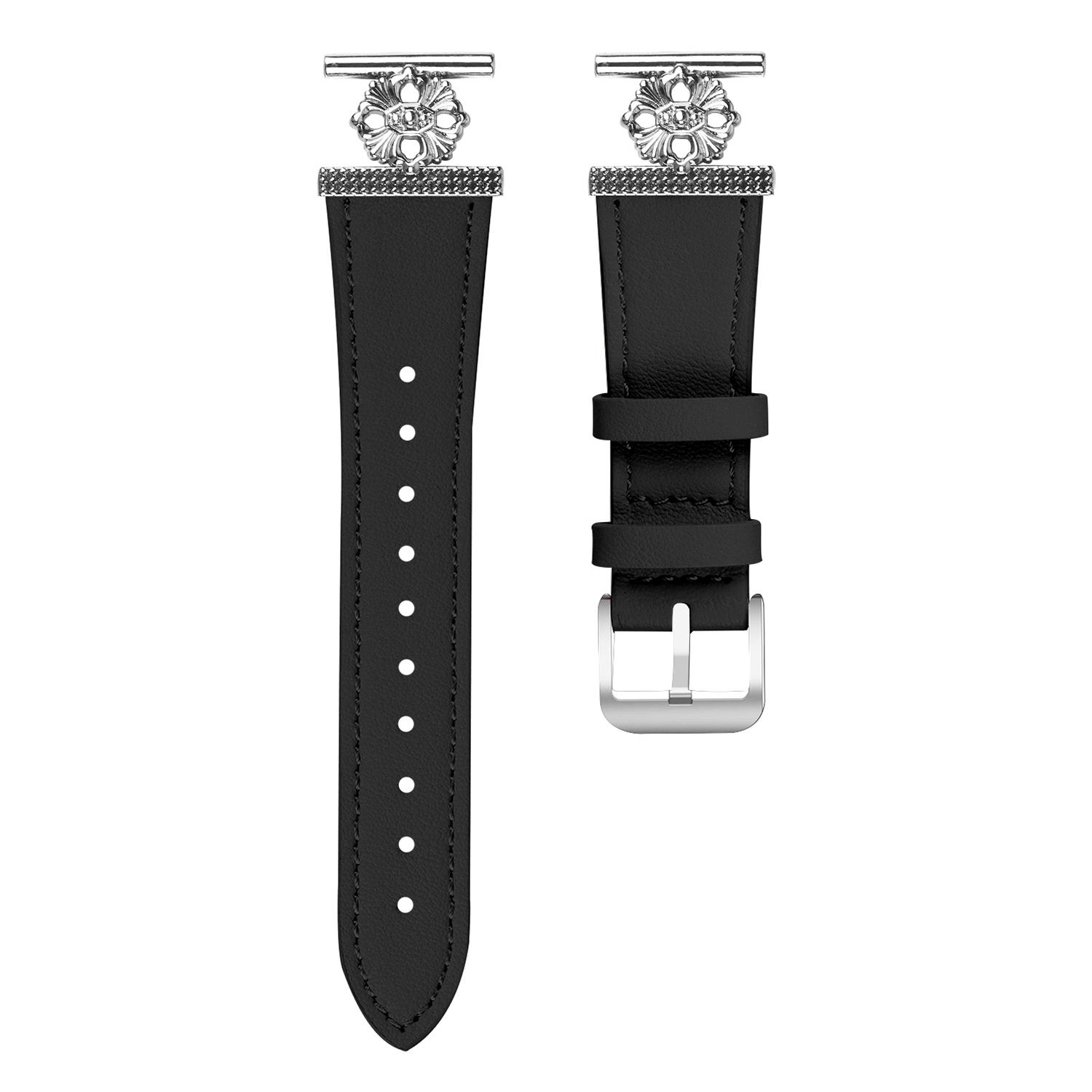 

For Garmin Vivomove Sport/Venu 2 Plus Watch Band Genuine Cow Leather Flower Decor Adjustable Strap Black