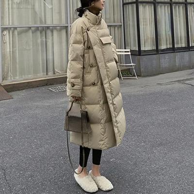 Casacos à prova de vento com gola alta, inverno, feminino, botões, bolsos grandes, parka longa, espessada, quente, jaqueta de algodão, jaqueta coreana, acolchoada