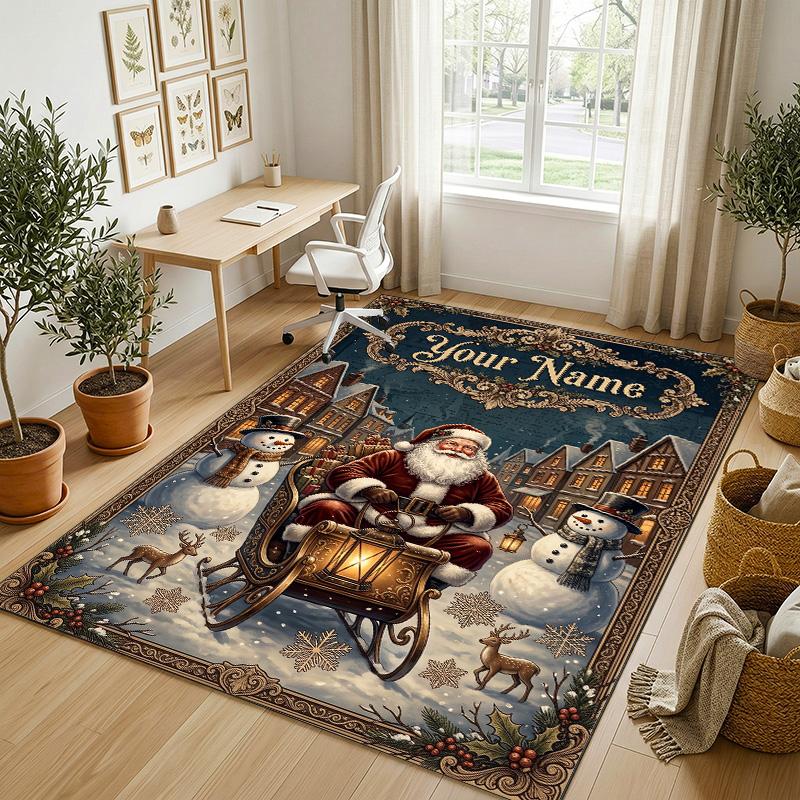 Christmas Theme Crystal Velvet Rug Personalized Custom Name Text Soft Floor Mat Home Decor