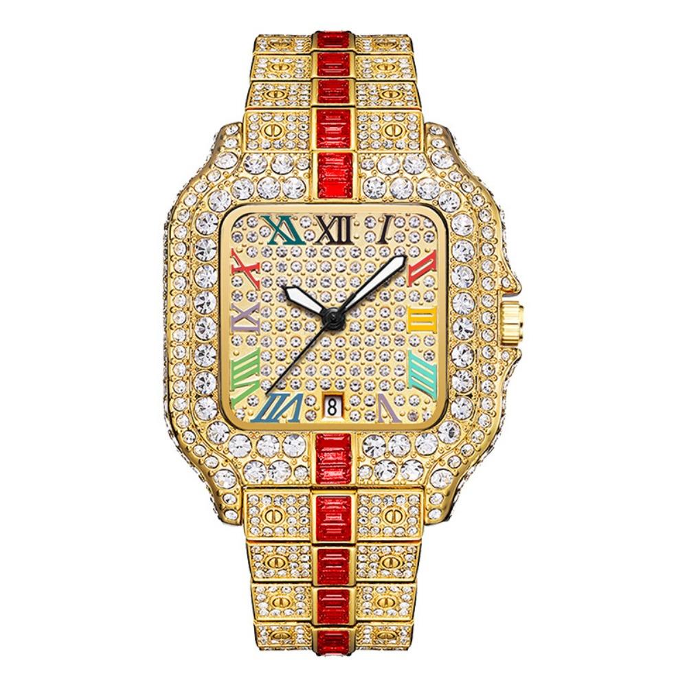 Hip Hop Iced Square Quartz Watch for Men Full Diamond Calendar Luxury Watch