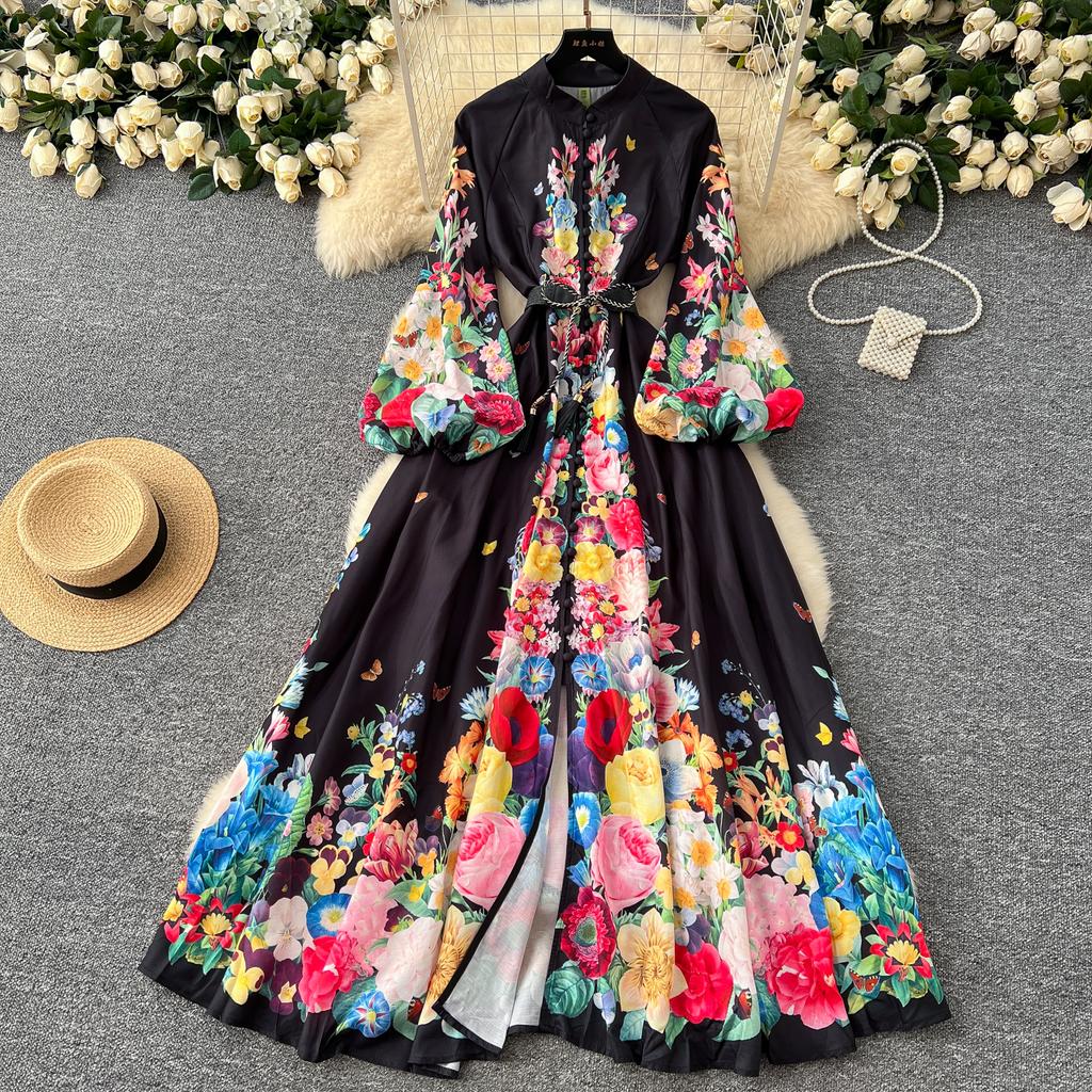 Spring Autumn Women Plus Size Print Single Breasted Long Maxi Seaside Holiday Beach Dresses with Belt