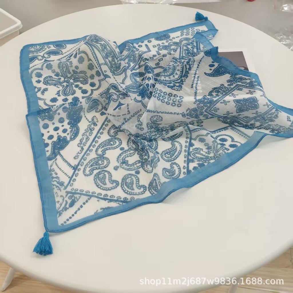 Fashion Tassel Cotton Linen Square Scarf Cute Versatile Thin Summer Decorative Shawl