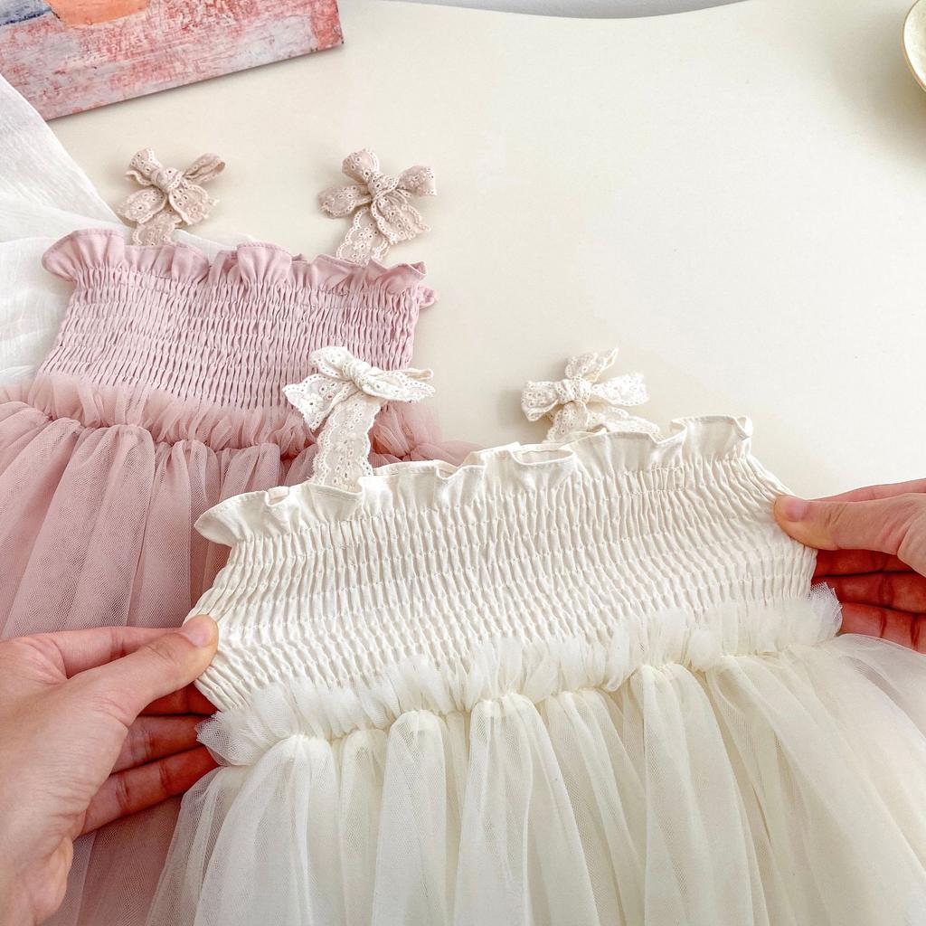 Baby Girl Summer Bow Strap Romper with Tulle Dress for 100 Day and 1st Birthday