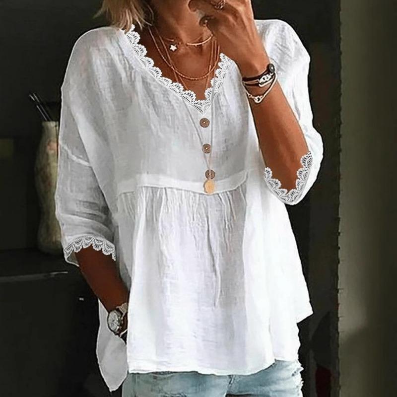 Blusa pullover casual da donna con scollo a V, manica a 3/4 e finiture in pizzo