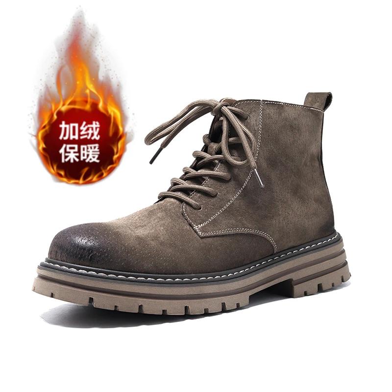 2024 Autumn and Winter Top Layer Cowhide High Top Boots Men's Boots English Style Short Boots Genuine Leather Plush Yellow Boots