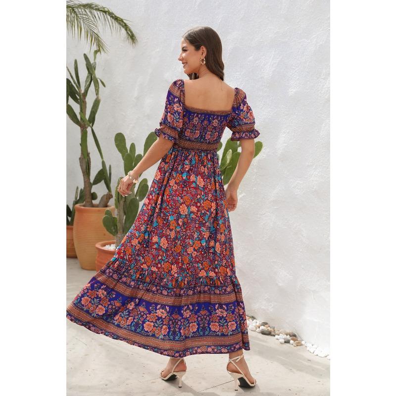 Boho Sukienki Plażowe na Wakacje Jednoramienne z Bufiastymi Rękawami Sukienki Midi