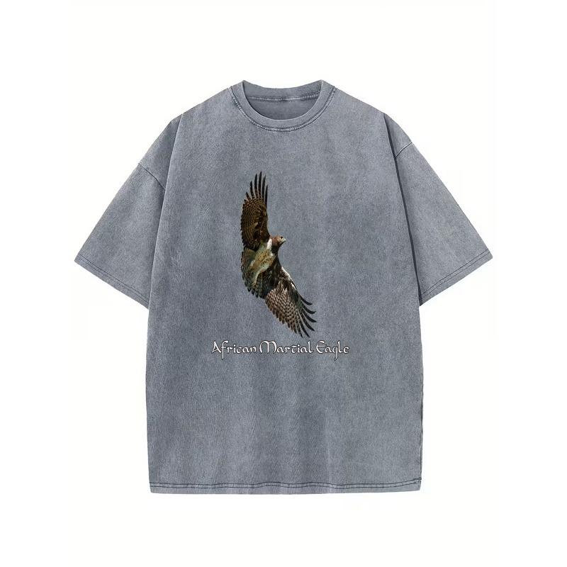 

African Martial Eagle Distressed Acid Wash Oversized T-Shirt for Men - Vintage Graphic Tee with Detailed Bird Design, Soft Casual Crew Neck Shirt S серый