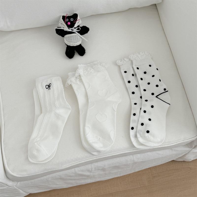 2 Pairs of Sweet Lace-trimmed Boneless Mid-calf Socks, Spring and Summer Polka Dot White Socks, Simple Women's Socks