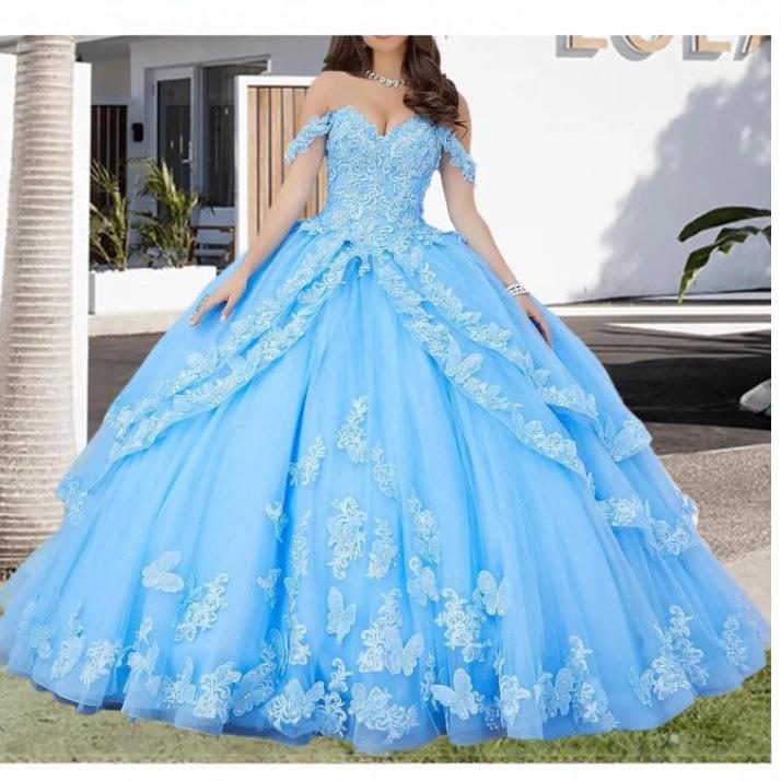 High-end Heavy Industry One-word Shoulder Light Wedding Dress Blue Fugitive Princess Tutu Dress Light Luxury Evening Dress
