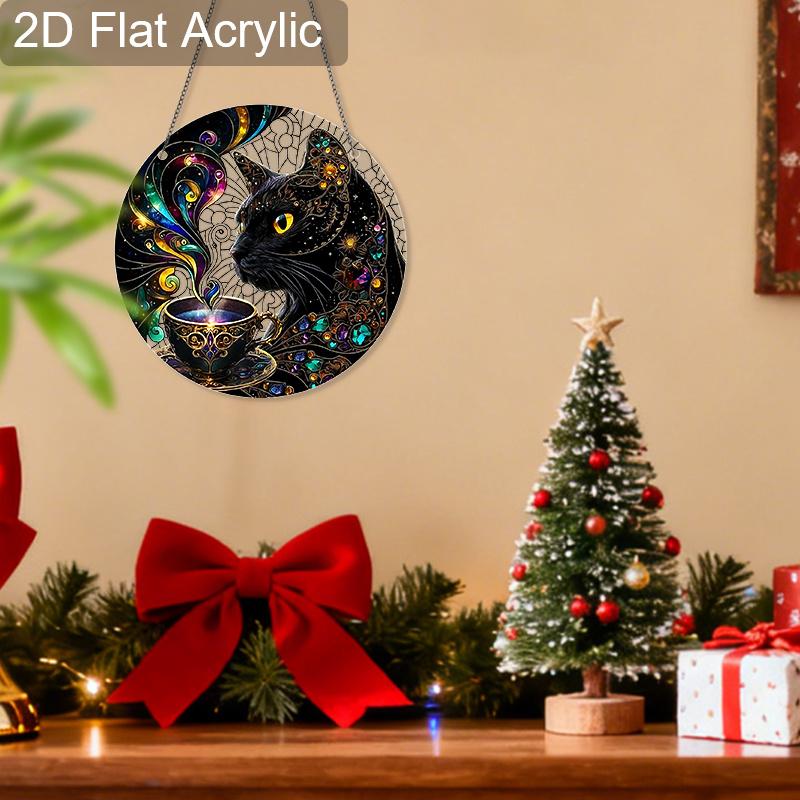 Acrylic Cosmic Black Cat with Magical Teacup Suncatcher, Stained Glass Effect Window Hanging Ornament for Mystical Cat Lover Gifts