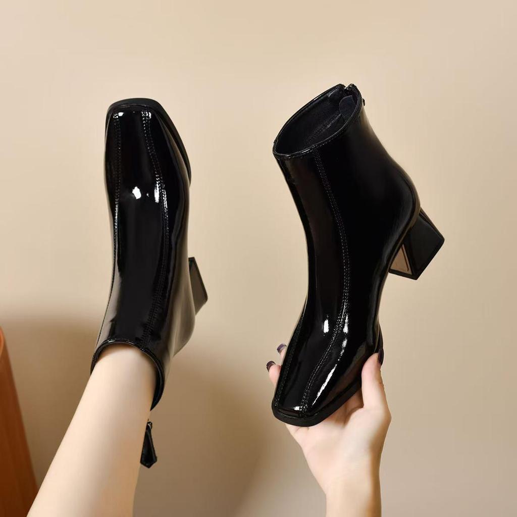 Cizme Chelsea de toamnă/iarnă 2025 din piele naturală, cu vârf pătrat, toc gros, căptușeală din lână și fermoar la spate