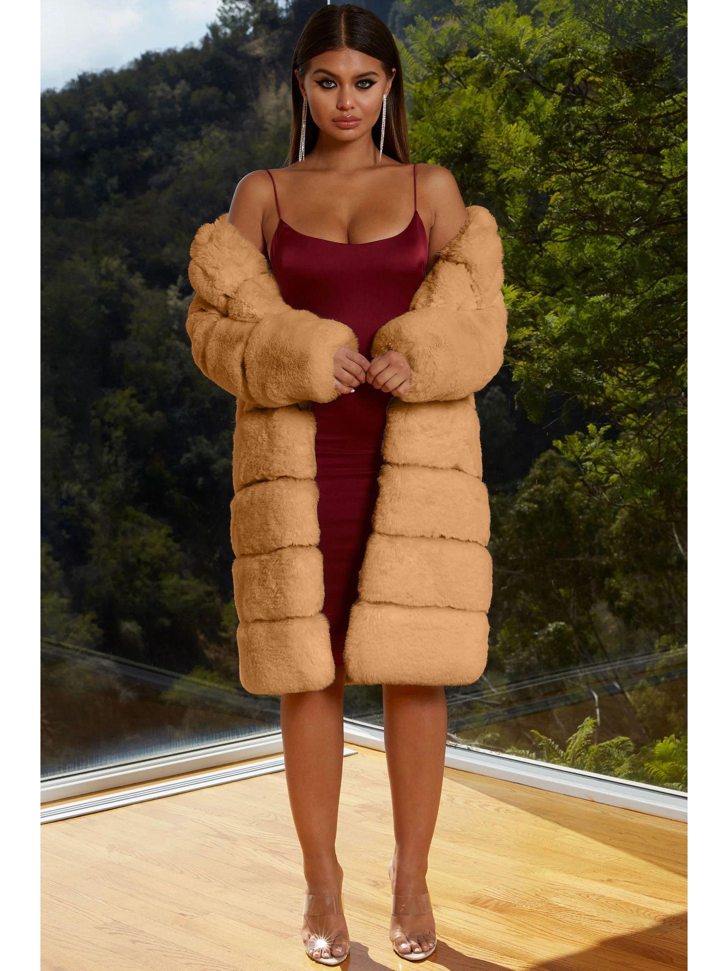 

Жіноче довге пальто зі штучного хутра, бавовняне пальто-вітрівка з підкладкою 3XL верблюд