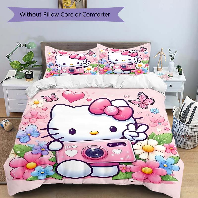 3pcs Butterflies & Hello Kitty Quilt Set Cartoon Themed Bed Quilt Set Lovely Character Bedroom Decor Bed Quilt Set Four Seasons (1 Cover + 2Pillo