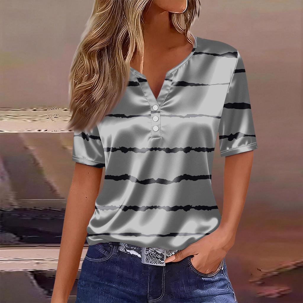 Women's Fashionable Casual Plaid Polka Dot Print Collar Short-sleeved Button T-shirt Top
