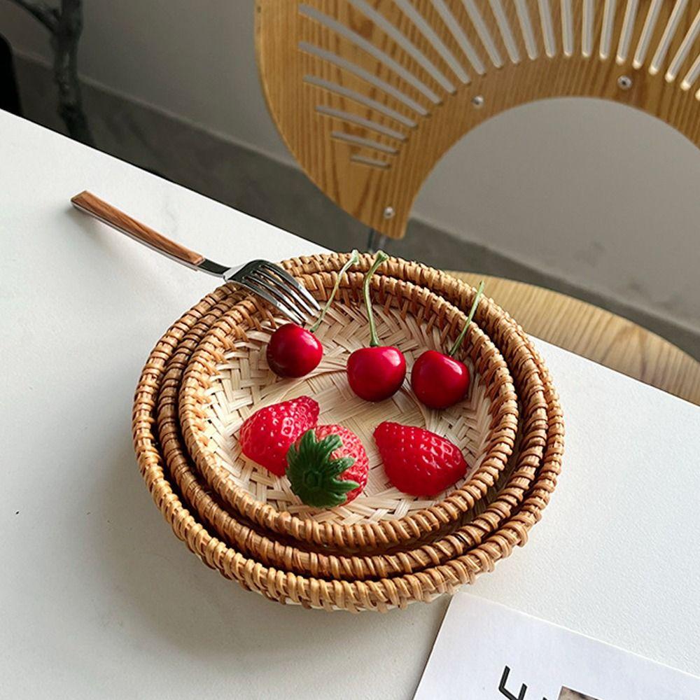 Round Pastry Plate Bamboo Rattan Fruit Basket Chinese Style Storage Basket Tabletop
