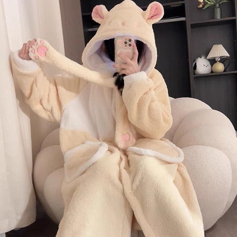 BREAORTION Hamster Pajamas for Long Cute and Casual for Fall and Winter Women, Skin-Friendly, Open-Front, Sleeves, Loungewear, (JP, Alphabet, L,