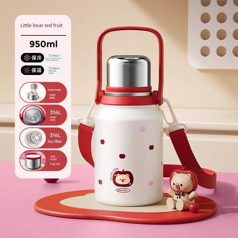 Wubiological Large-Capacity Thermos Cup for Men and Women, New Winter Portable Water Cup, 316 Stainless Steel Large Belly Cup Little Bear Red Fruit-950Ml