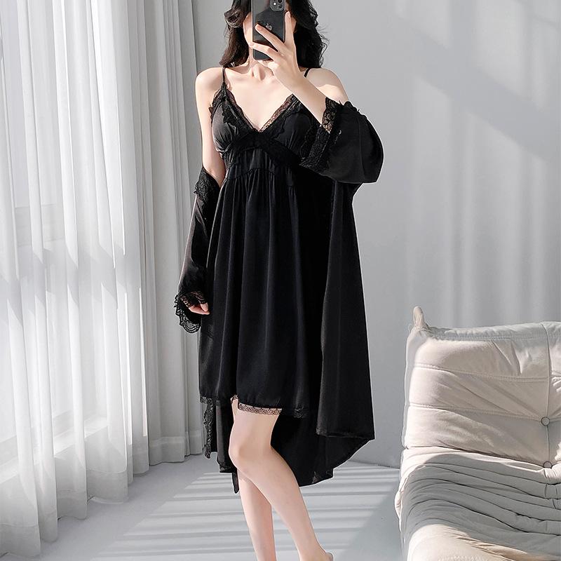 New splicing lace V-neck nightdress women's summer breathable ice silk suspender skirt with cardigan outside direct supply