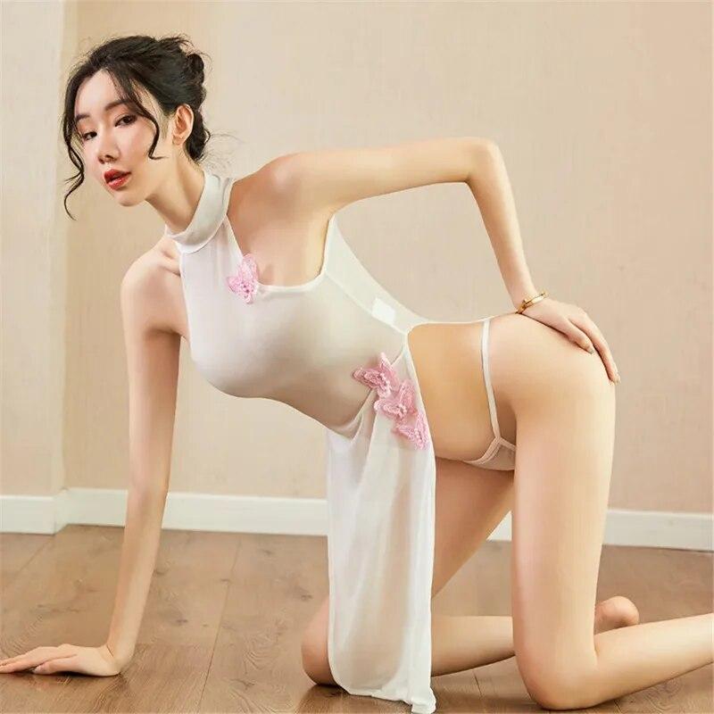 Sexy Chinese Style Butterfly Embroidery Cheongsam See-Through Classical Uniform Elegance Side Hollow Out Dress Lingerie Set Hot