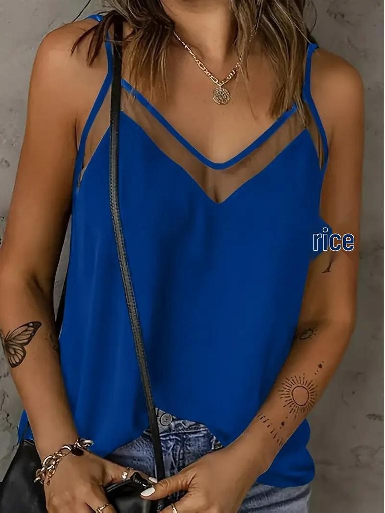 2026 Spring/Summer Women's Solid Color Mesh V-Neck Camisole - European & American Fashion