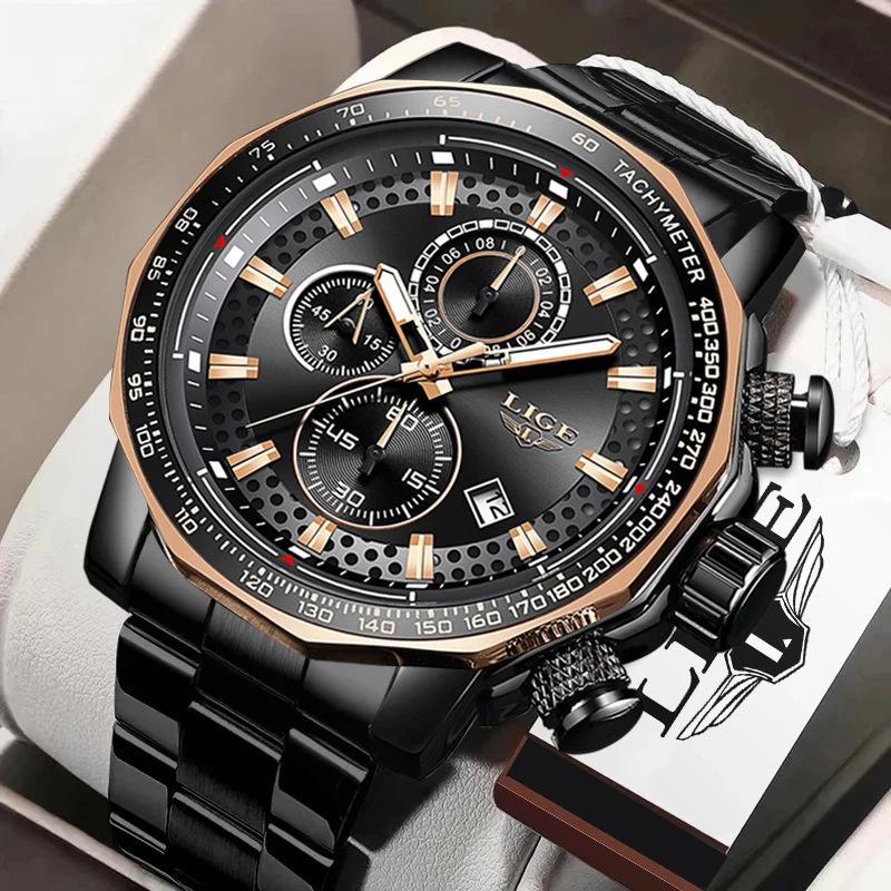LIGE Mens Watch 6 Hands Multifunction Quartz Wristwatch Waterproof Calendar Steel Band Business Casual Watches for Men Silver