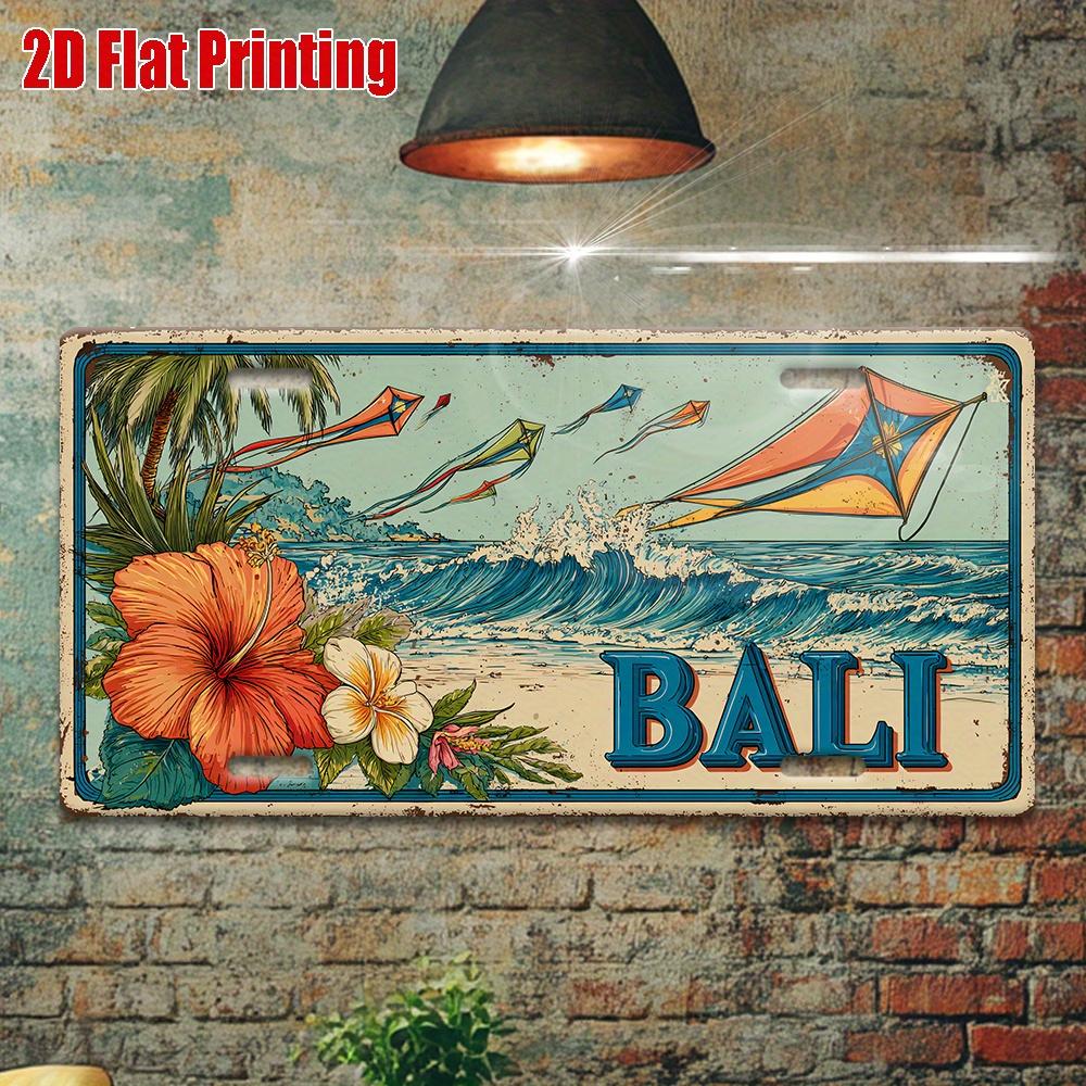 Printing, , Vintage Metal License Plate, Outdoor Wall Art , BALI Aluminum Sign with Tropical Surf and Kite Scene, Great for H