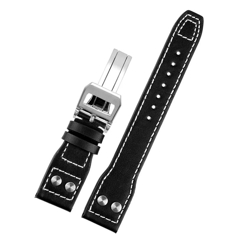 Genuine Leather Rivets Watchband For IWC Big Pilot Spitfire Brown Black Cowhide Folding Buckle Watch Men Strap 21x18mm 22x18mm