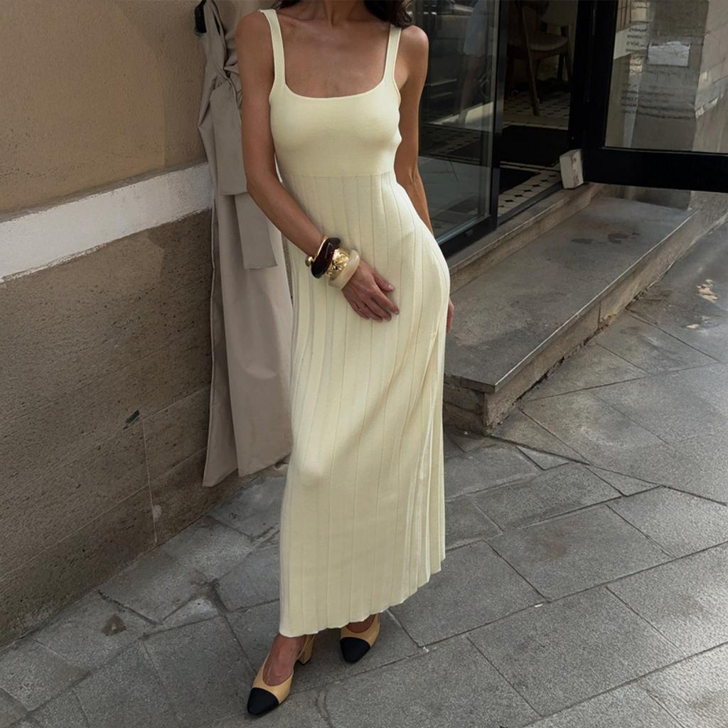 Summer New Knitted Square Neck Pleated Slip Dress, Casual Lazy Vacation Sundress for Women, European & American Style