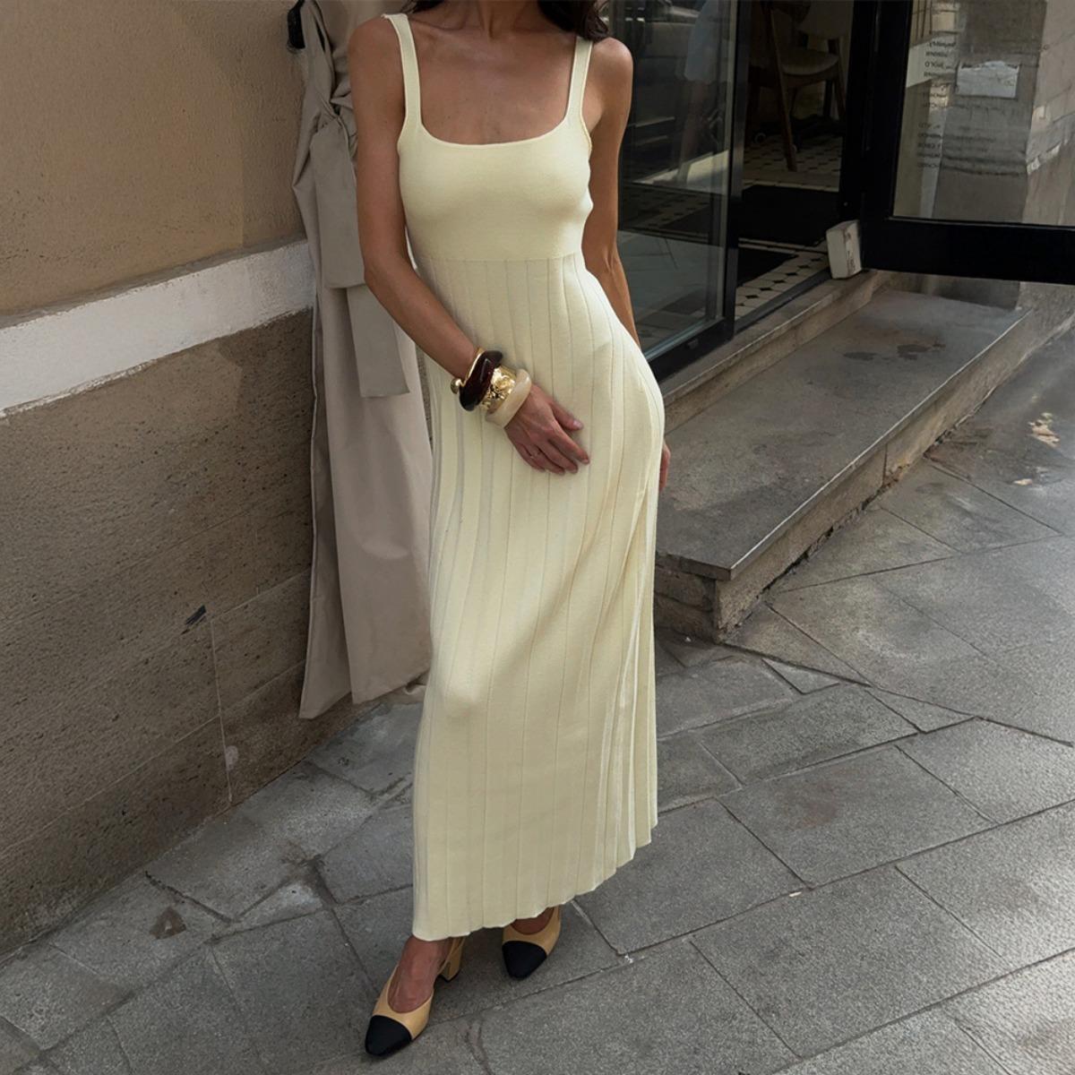 Summer New Knitted Square Neck Pleated Slip Dress, Casual Lazy Vacation Sundress for Women, European & American Style S жёлтый