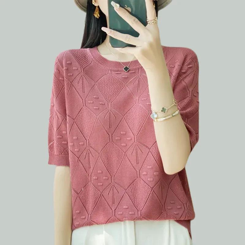 XS-6XL больших размеров Мятный Мамбо свитер женский повседневный ажурный тонкий с коротким рукавом XS красный