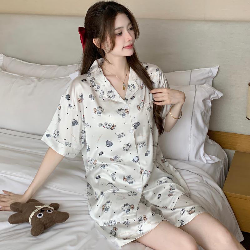 Sweet Girl Ice Silk Pajamas Women'S Summer Short-Sleeved Shorts Loungewear Two-Piece Set
