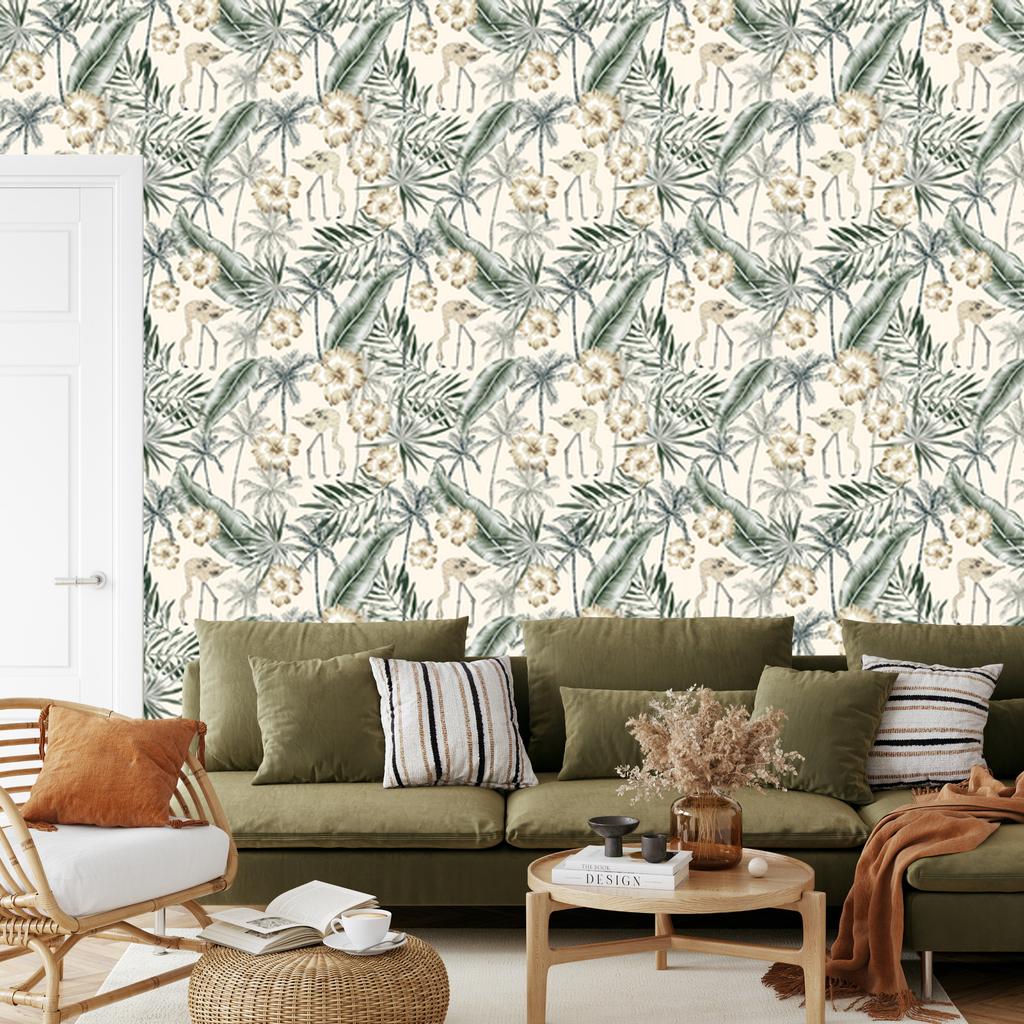 Flamingos with palm leaves wallpaper for living room and bedroom 50x1000