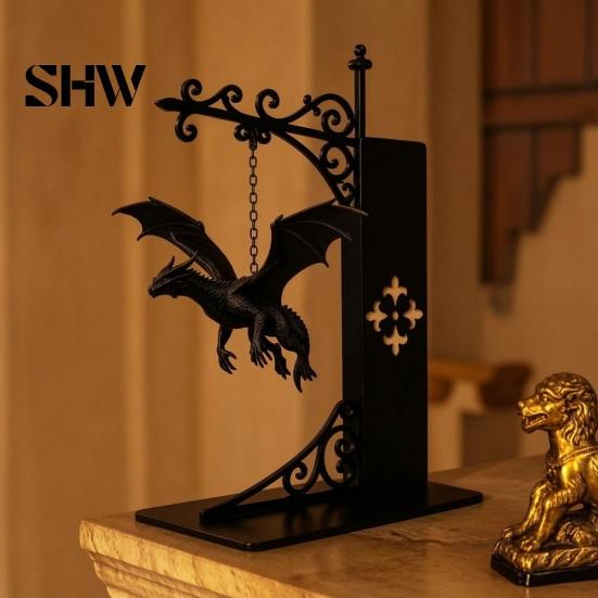 Unique Dragon Decor for Office Flying Bookshelf Light, Decorative Bookend Light & Desk, Iron Book Ends Sculpture Support, Heavy Duty Organizer