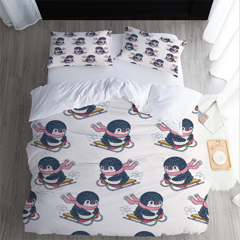 3D Little Penguin Comforter Cover with Pillowcases 50x75 Cm, Penguin Duvet Cover 2 Pieces Set for Children's Room Decoration