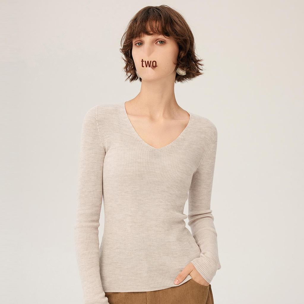 18-Gauge One-Piece Fine-Spun Chicken Heart Collar 100% Wool Women's Long-Sleeve V-Neck Slim-Fit Base Layer Shirt