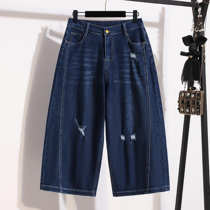 DIMANAF 2026 Summer New Plus Size Women Casual Ripped Wide Leg Denim Capris Jeans Long Pants Cotton Blue