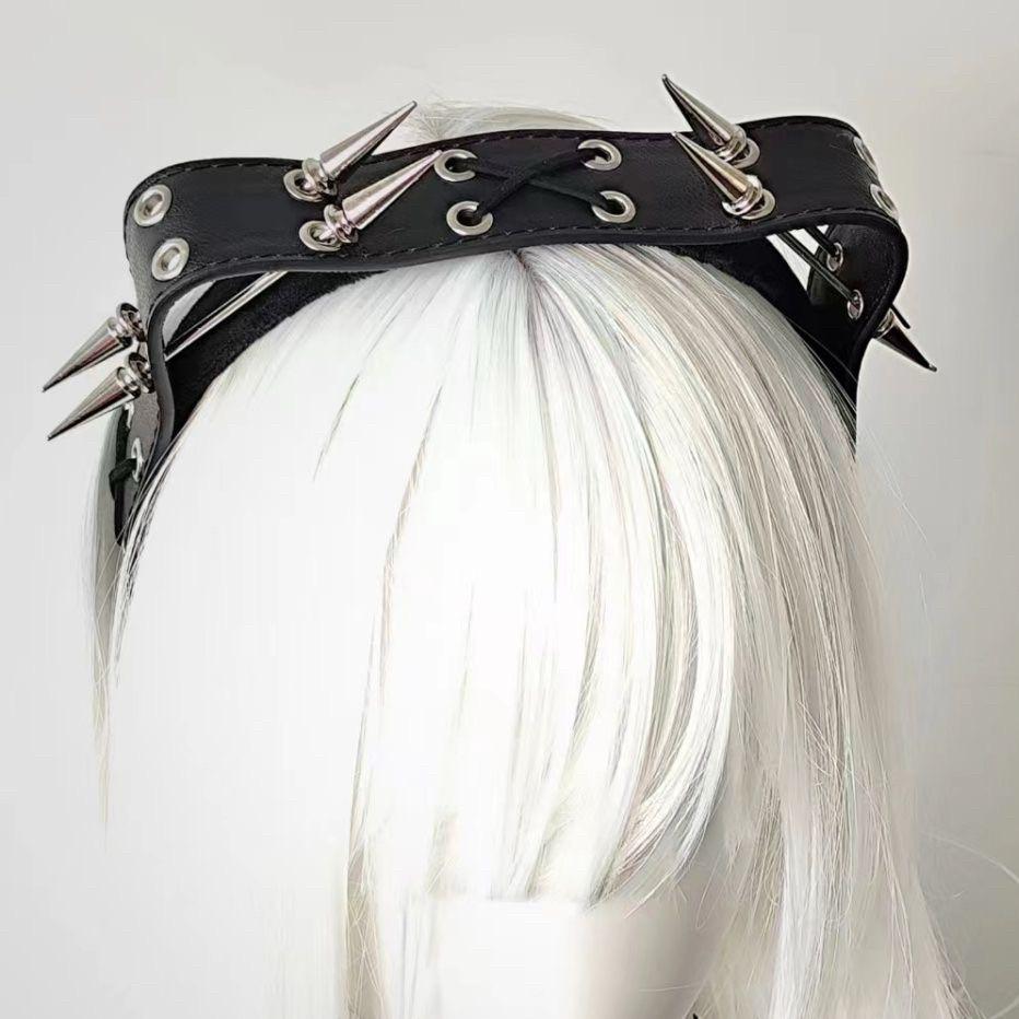

Dark Punk Cat Ear Rivet Headband Subculture Pointed Paw Cat Heavy Metal Leather Headband Spice Girl Gothic Headband чёрный