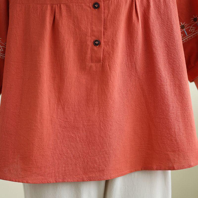 Fat Mama Plus Size Women's Ethnic Cotton Linen Button-Up Shirt - Round Neck, Loose Fit for Spring/Summer, Ideal for Middle-Aged and Elderly.