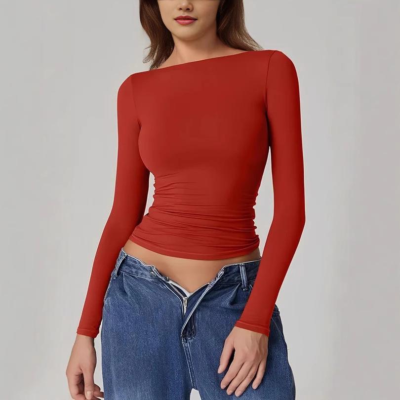 European & American Style Backless Long-Sleeve Slim Fit Tops - Sexy, Stylish Autumn Round Neck T-Shirts for Women