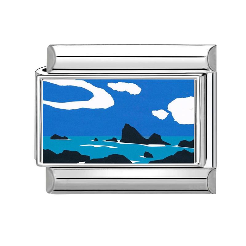 Fashion Blue Series Seaside Scenery Seawave Sailing Italian Charm Links Fit 9mm Stainless Steel Bracelet Jewelry DIY Making