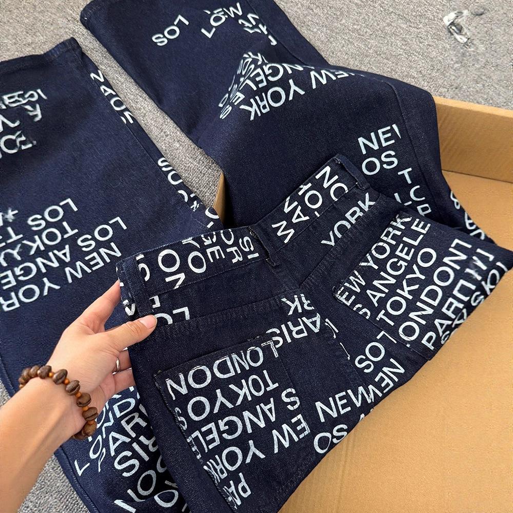 JYL Unisex Straight Jeans Denim Blue Letter Print American Vintage Loose Casual Denim