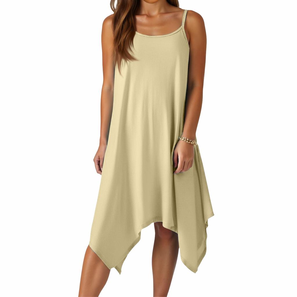 Women's Summer Casual Solid Color Round Neck Adjustable Suspender Dress With Pockets