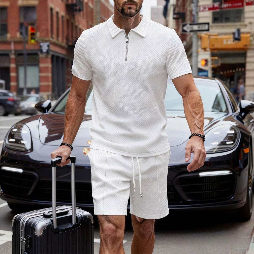 Men's New Casual Color Zipper Collar Shirt Short-sleeve Set