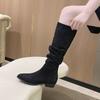 Fashion Vintage Women Knee High Boots Fashion Square Low Heel Shoes Concise Slip On Slim Long Botas De Mujer