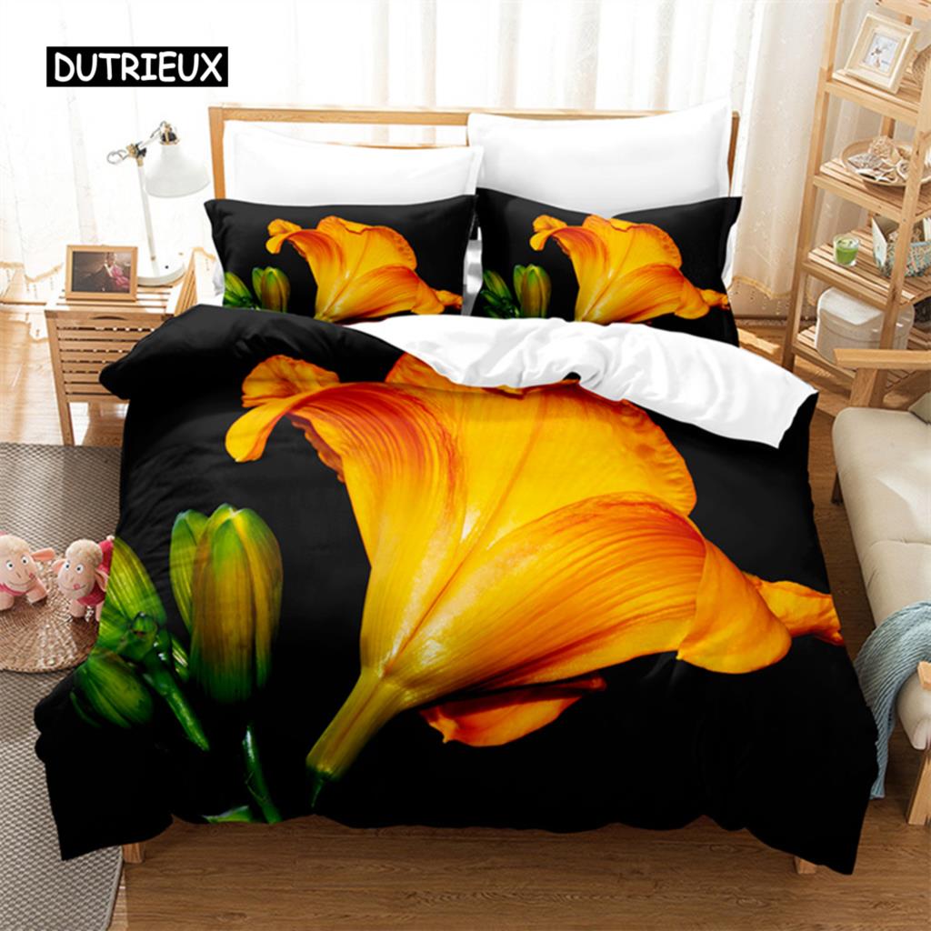Yellow Flowers  Queen Size Bed Ensemble Comforter Cover Sets Bedding Digital Printing Bed Linen King Size Size Comforter Cover Kit Bed Ensemble