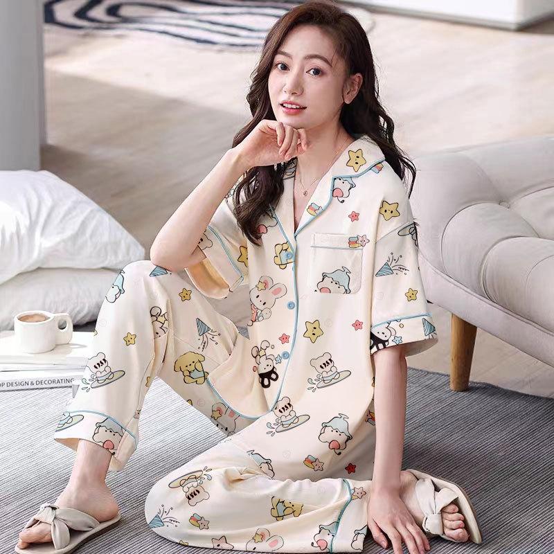 Summer Pajamas Female Cute Cartoon Short-Sleeved Trousers Casual Comfortable Cardigan Loungewear Suit Can Be Worn Outside