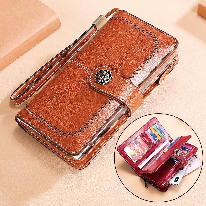 Genuine Leather RFID Women's Long Wallet with Wax Finish