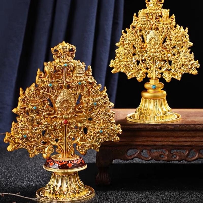 Tibetan Pagoda Trees Alloy,Tantric Golden Eight Auspicious Trees Buddhism Handicraft , Nepal Altars Desktop Decorative, 20 Cm
