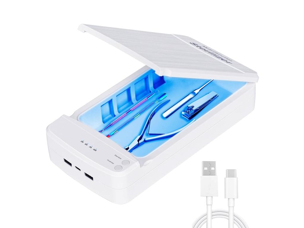 Portable UV Nail Art Tool Cleaning Box for Manicure, Salon, Tweezers, Jewelry, Cell Phone Cleaning Tools (White)