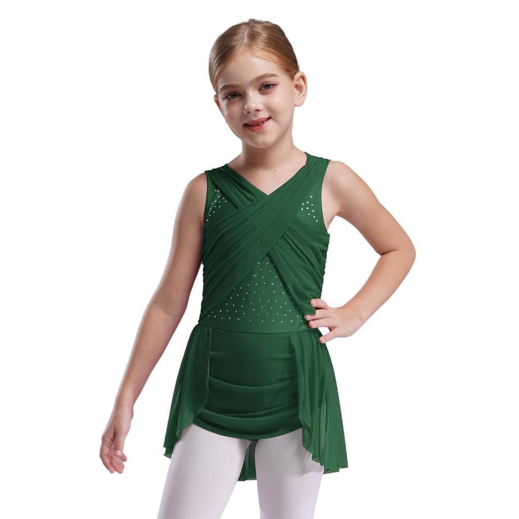 Girls Figure Skating Dress, Lyrical Dance Costume with Mesh Overlay, Cutout Back, Shiny Rhinestones & Irregular Hem